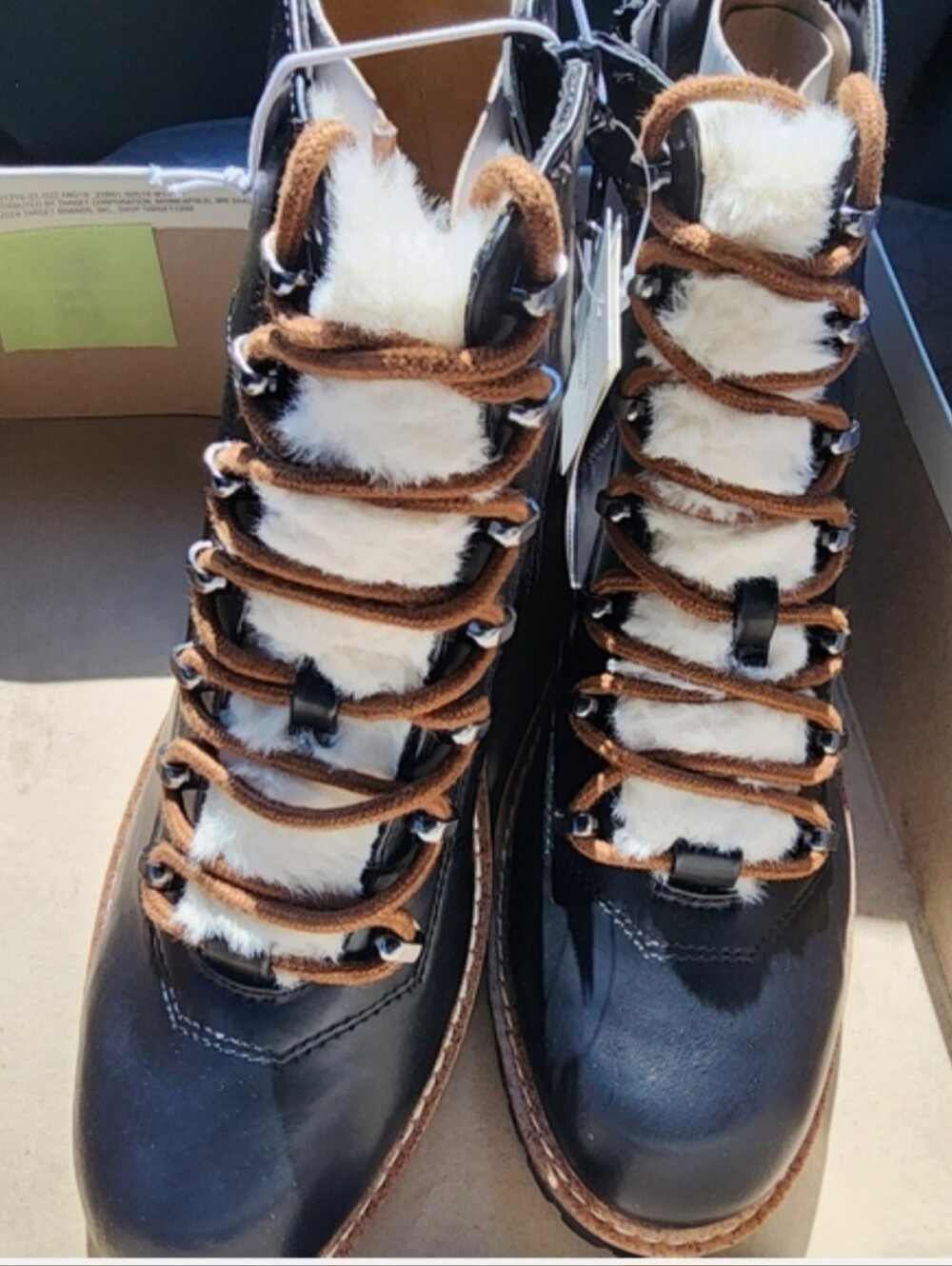 a new day Black Faux-Leather Fur-Trim Lace-Up Winter Boots with Brown Laces